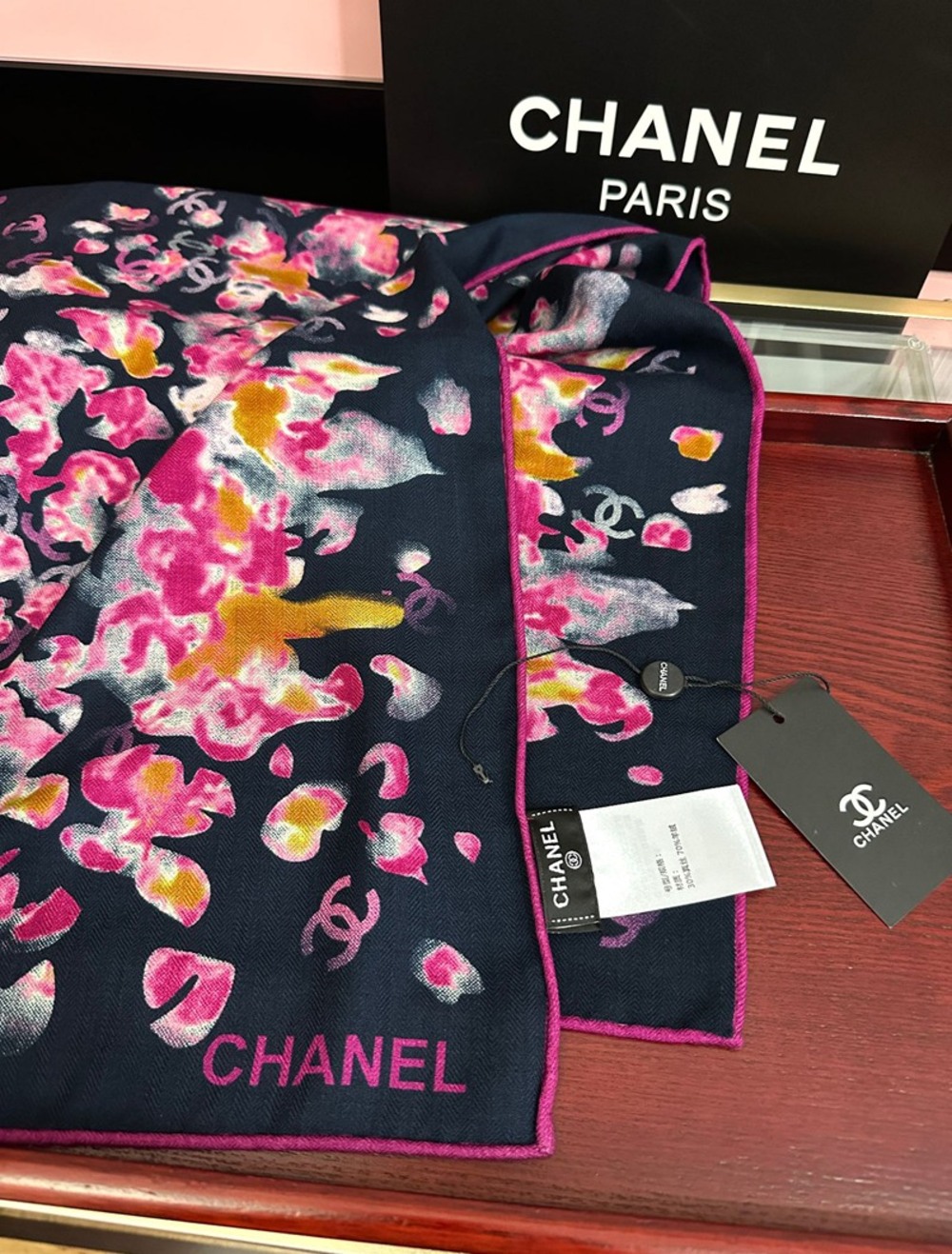 Chanel Watercolor Flower Print Large Square Scarf Navy Multi‑Color - Picture 6 of 8